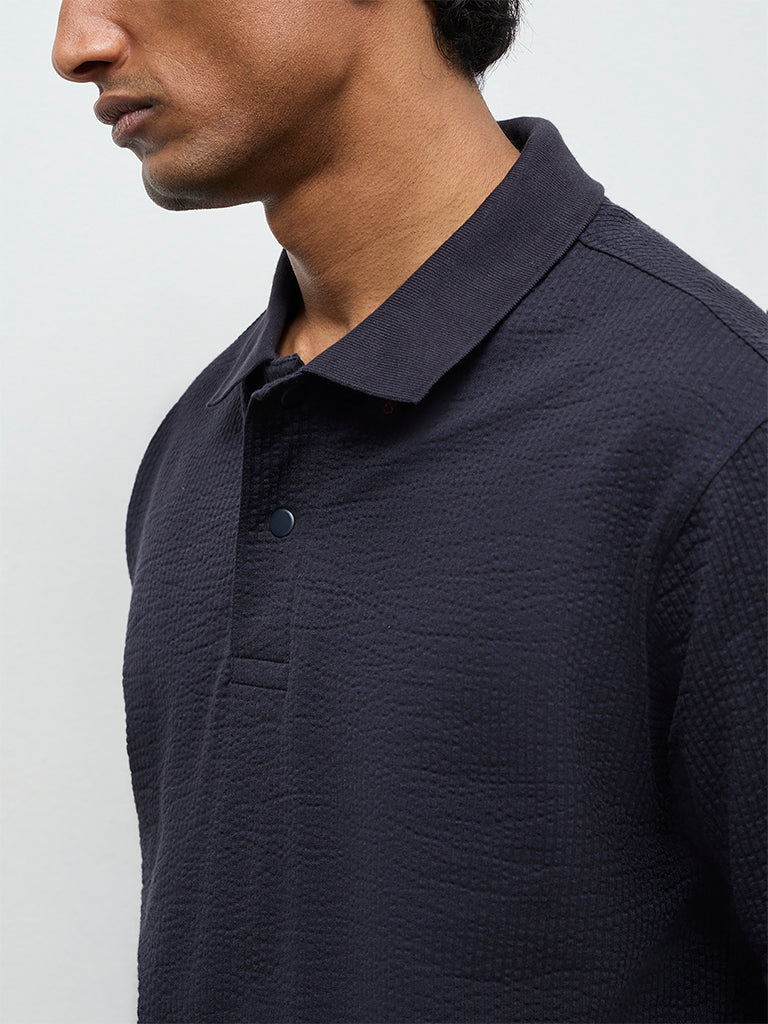 WES Casuals Navy Textured Relaxed Fit Polo T-Shirt
