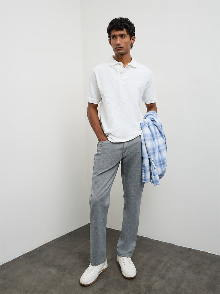 WES Casuals White Textured Relaxed-Fit Polo T-Shirt