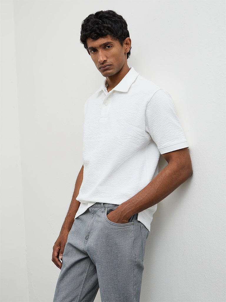 WES Casuals White Textured Relaxed-Fit Polo T-Shirt