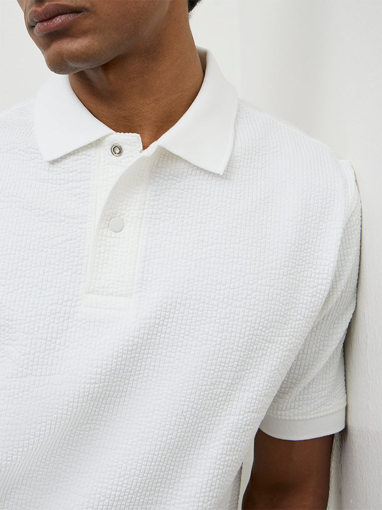 WES Casuals White Textured Relaxed-Fit Polo T-Shirt