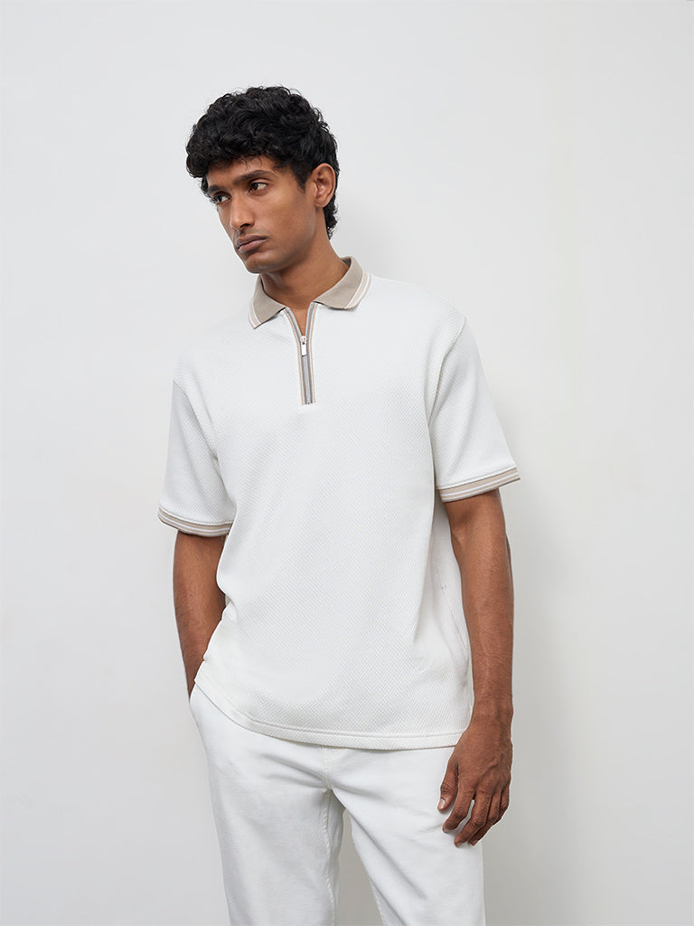 WES Casuals Off-White Relaxed-Fit Cotton-Blend Quarter-Zip Polo T-Shirt