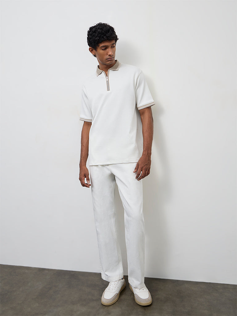 WES Casuals Off-White Relaxed-Fit Cotton-Blend Quarter-Zip Polo T-Shirt