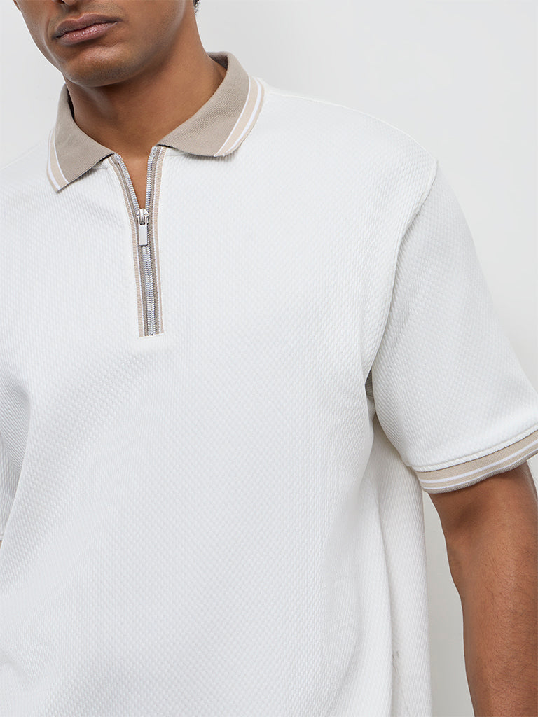 WES Casuals Off-White Relaxed-Fit Cotton-Blend Quarter-Zip Polo T-Shirt