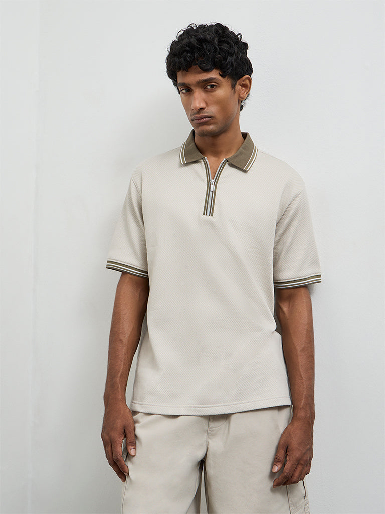 WES Casuals Light Taupe Relaxed-Fit Cotton-Blend Polo T-Shirt