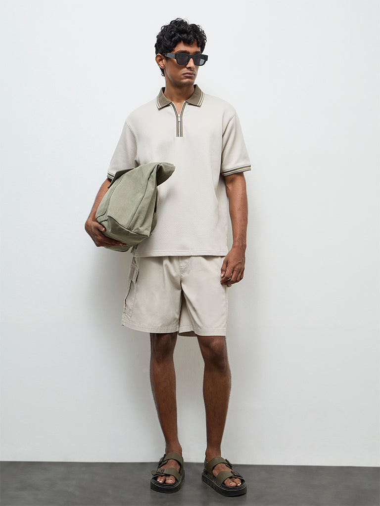 WES Casuals Light Taupe Relaxed-Fit Cotton-Blend Polo T-Shirt