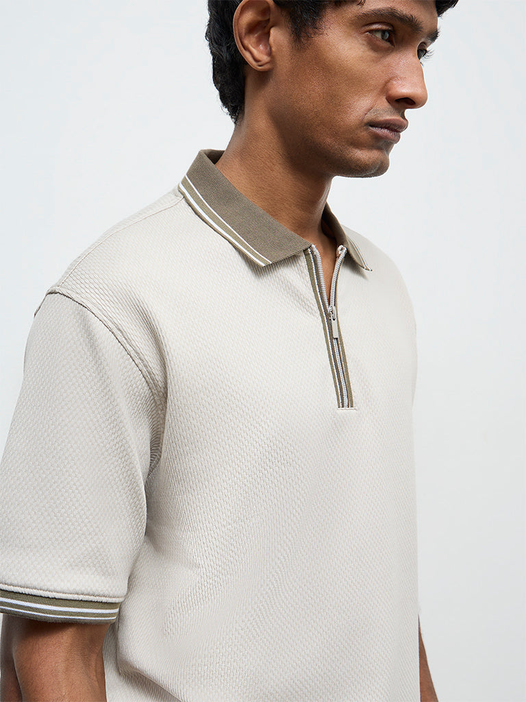 WES Casuals Light Taupe Relaxed-Fit Cotton-Blend Polo T-Shirt