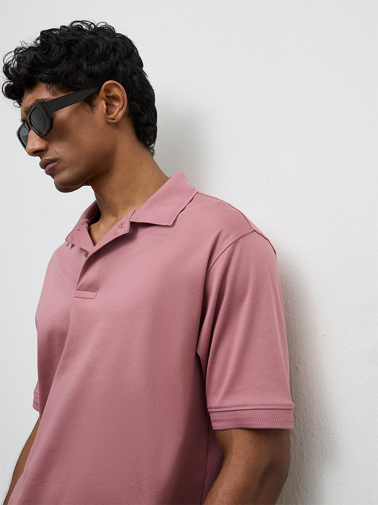 WES Casuals Mauve Relaxed-Fit Cotton Polo T-Shirt