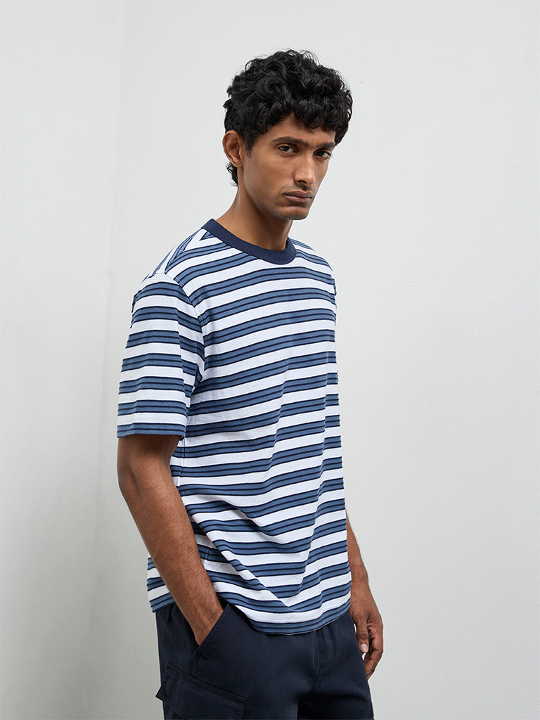 WES Casuals Blue Stripe Relaxed-Fit Cotton T-Shirt