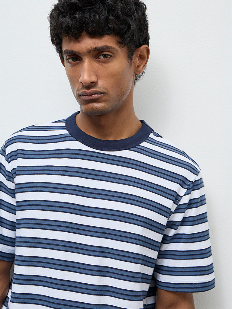 WES Casuals Blue Stripe Relaxed-Fit Cotton T-Shirt