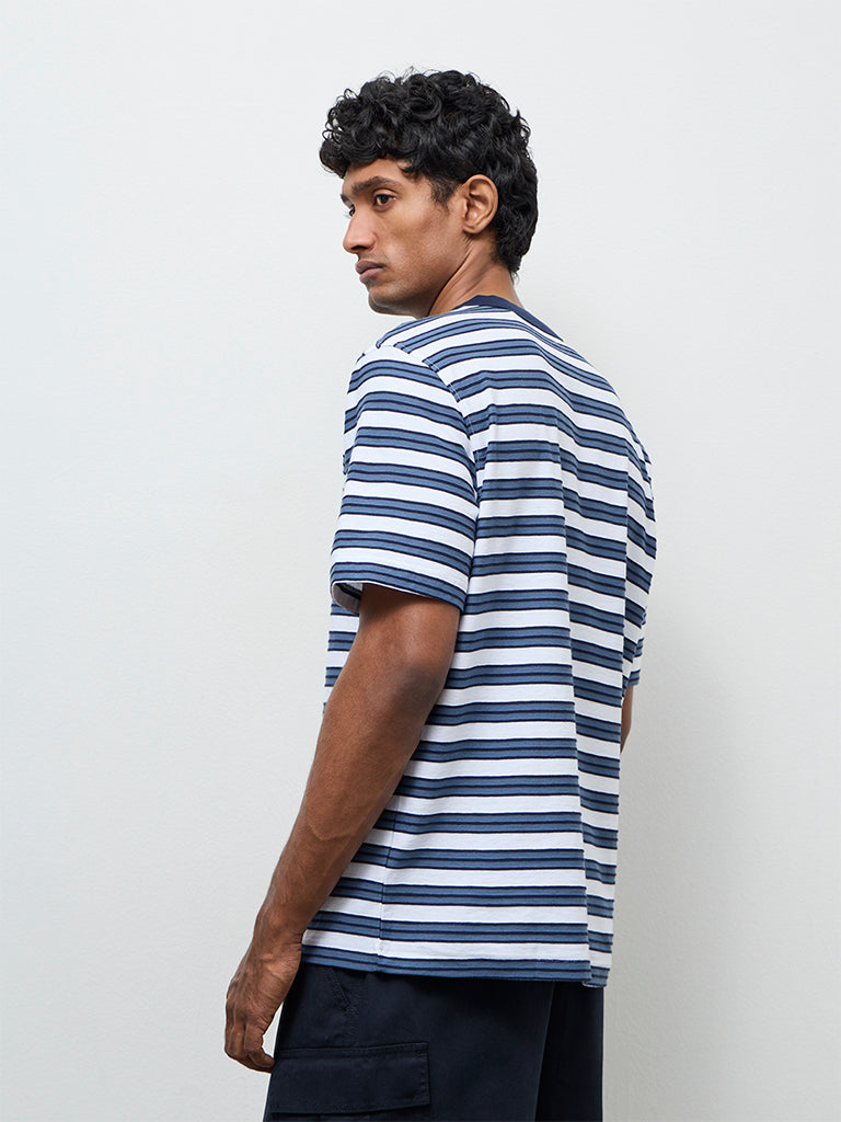 WES Casuals Blue Stripe Relaxed-Fit Cotton T-Shirt