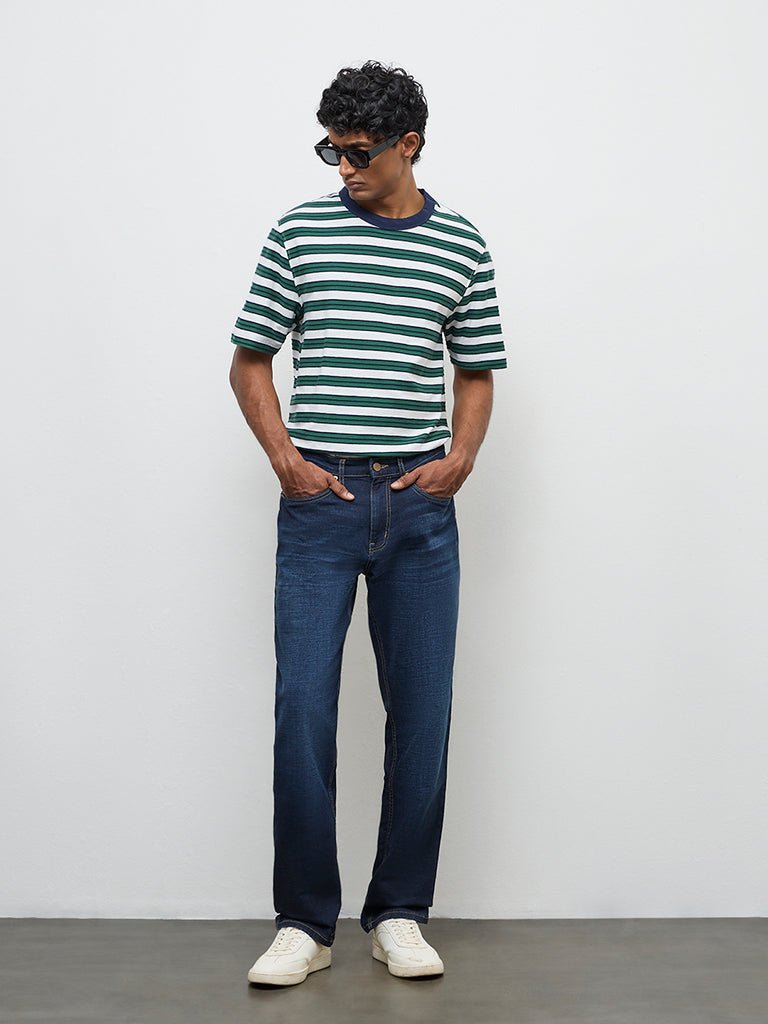 WES Casuals Green Stripe Relaxed-Fit Cotton T-Shirt