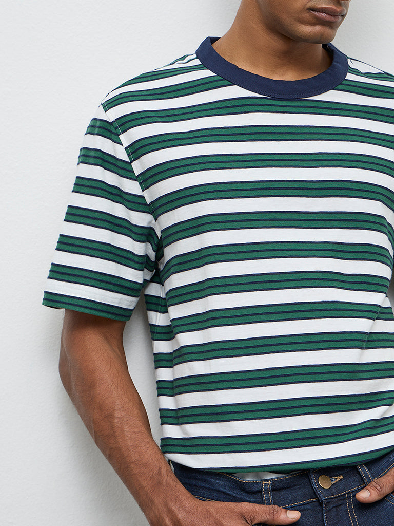 WES Casuals Green Stripe Relaxed-Fit Cotton T-Shirt