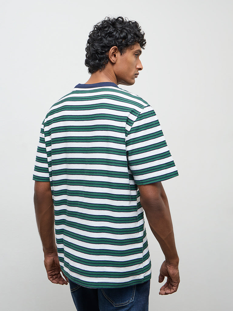 WES Casuals Green Stripe Relaxed-Fit Cotton T-Shirt