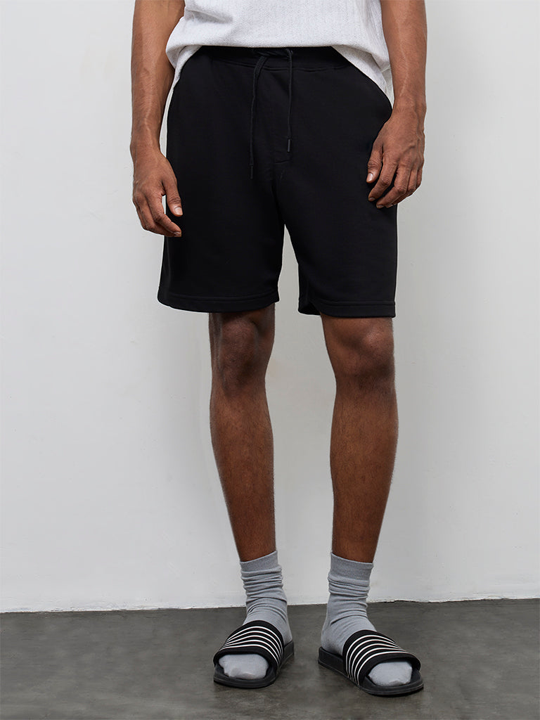 WES Casuals Black Relaxed-Fit Mid-Rise Shorts