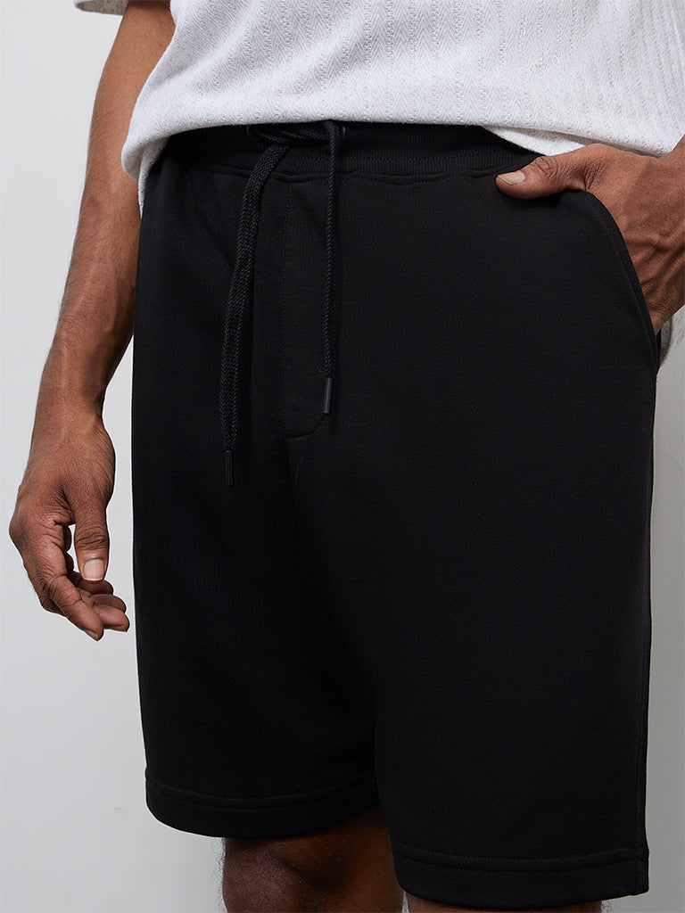 WES Casuals Black Relaxed-Fit Mid-Rise Shorts