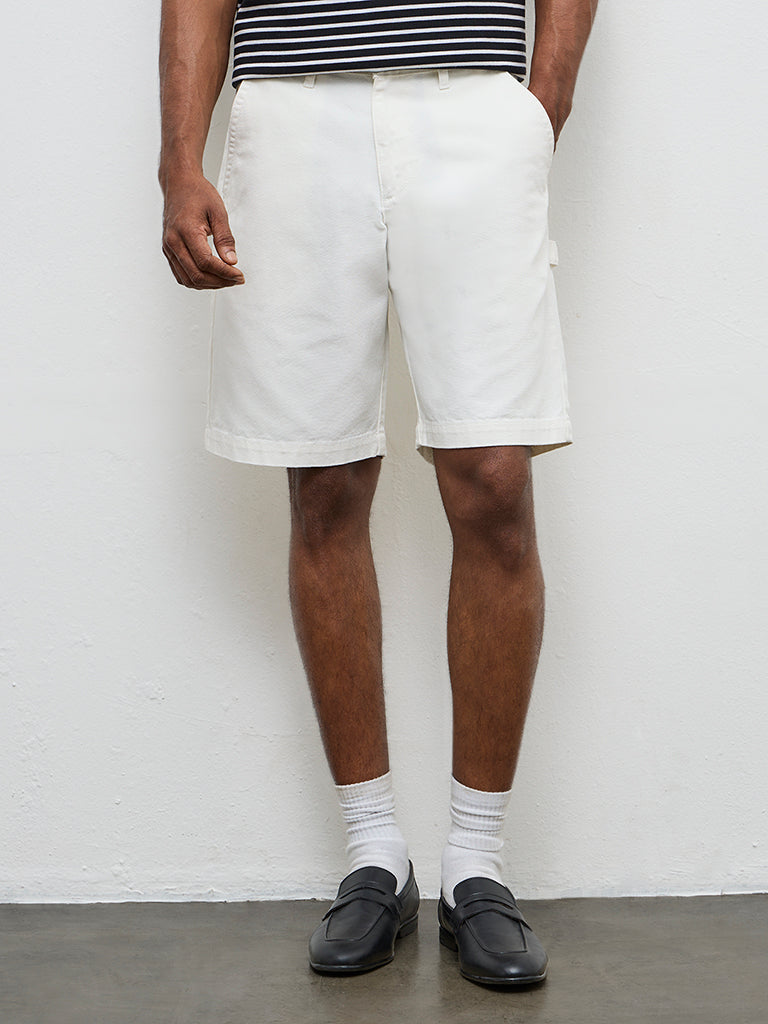 WES Casuals Off-White Relaxed-Fit Mid-Rise Canvas Carpenter Shorts
