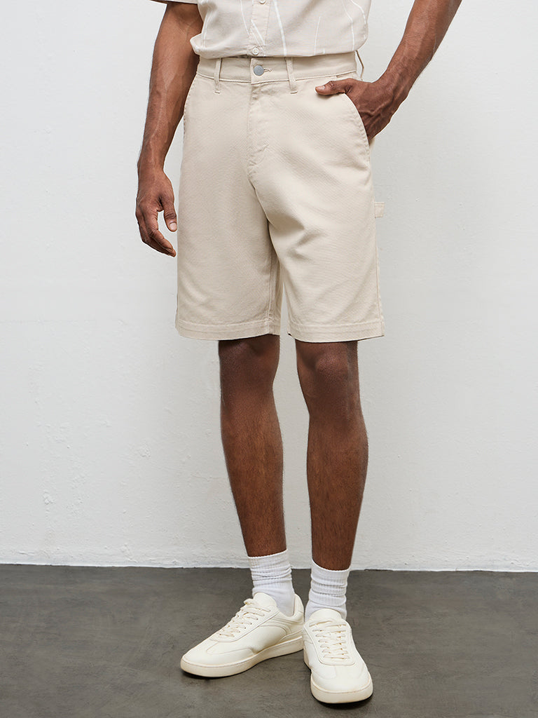 WES Casuals Light Beige Relaxed-Fit Mid-Rise Canvas Carpenter Shorts