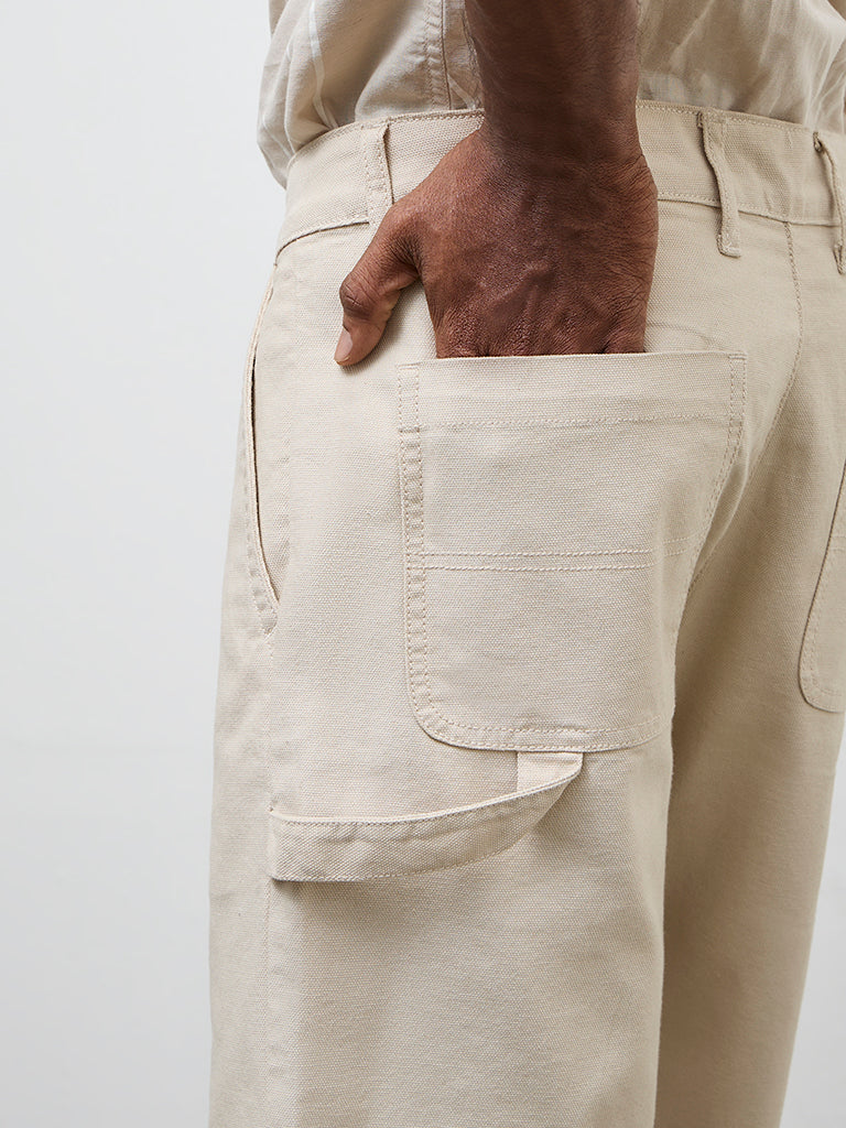 WES Casuals Light Beige Relaxed-Fit Mid-Rise Canvas Carpenter Shorts