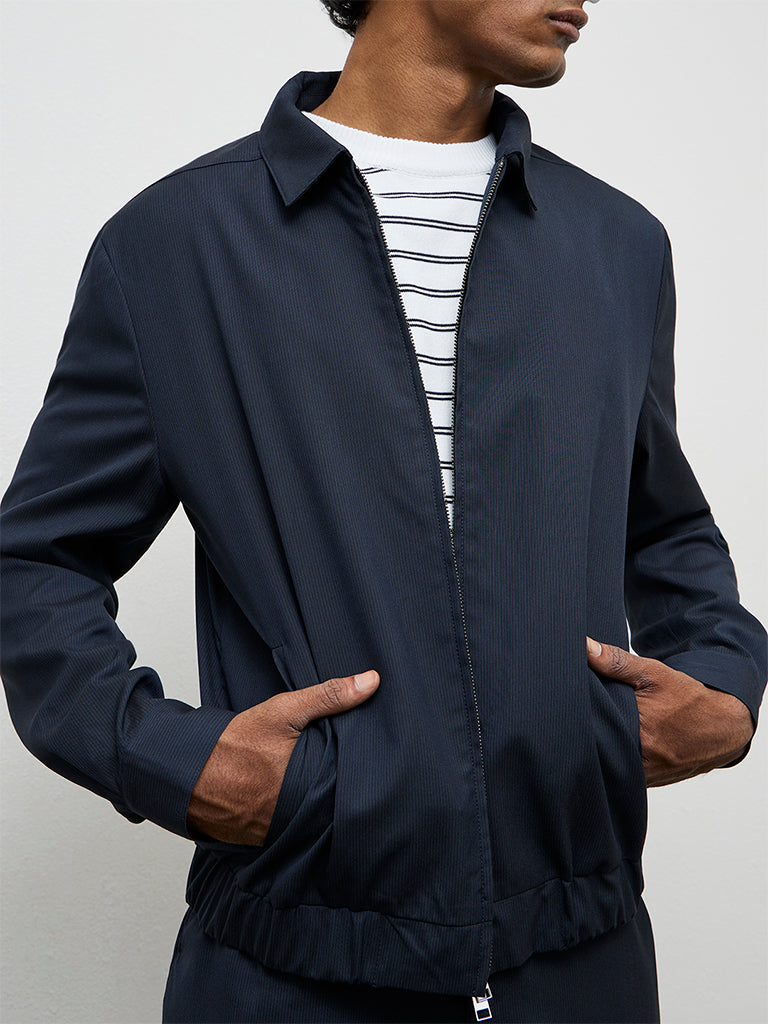 WES Formals Navy Pinstripe Slim-Fit Jacket