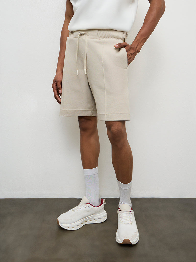 Nuoflexx Beige Textured Relaxed Fit Mid-Rise Shorts