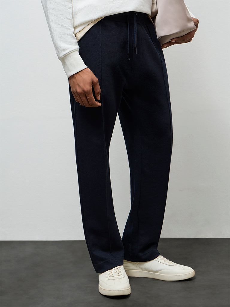 Nuoflexx Navy Relaxed Fit Mid-Rise Cotton-Blend Track Pants