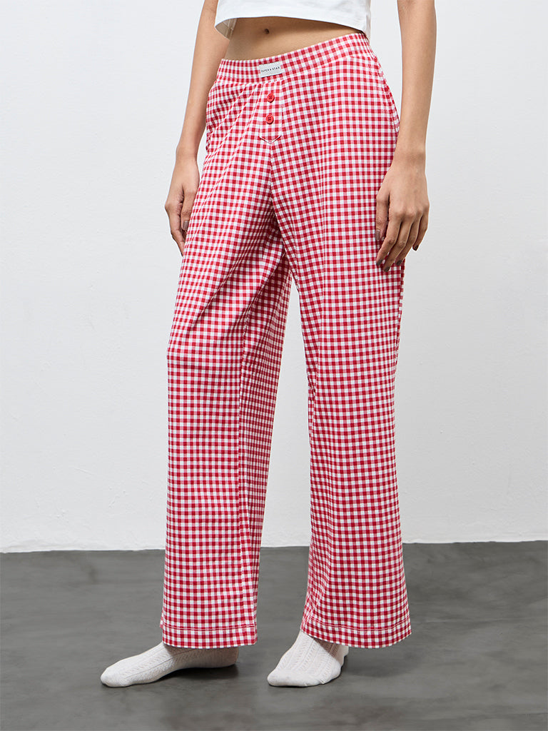 Superstar Red Gingham Checkered High-Rise Cotton-Blend Pants