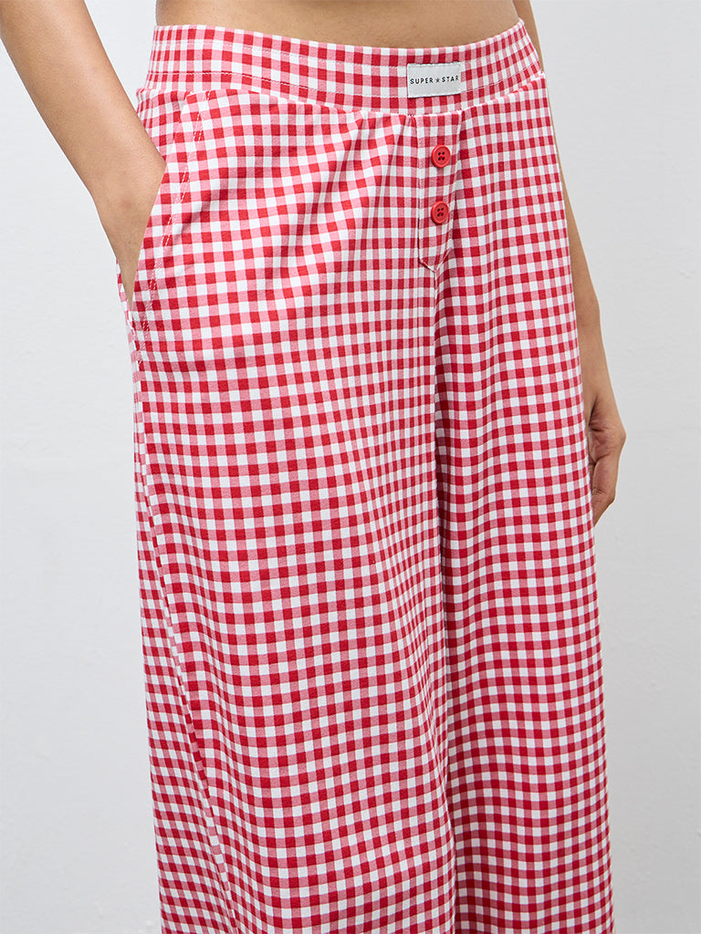 Superstar Red Gingham Checkered High-Rise Cotton-Blend Pants