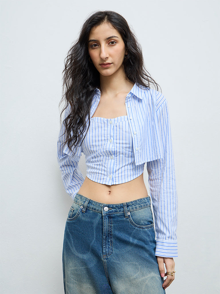 Nuon Blue Striped Cotton Shirt with Top Set