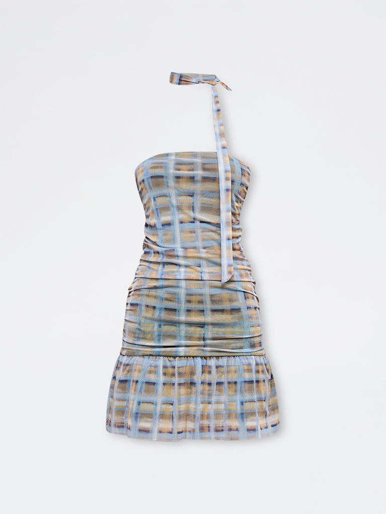 Nuon Blue Checkered Tube Dress with a Scarf