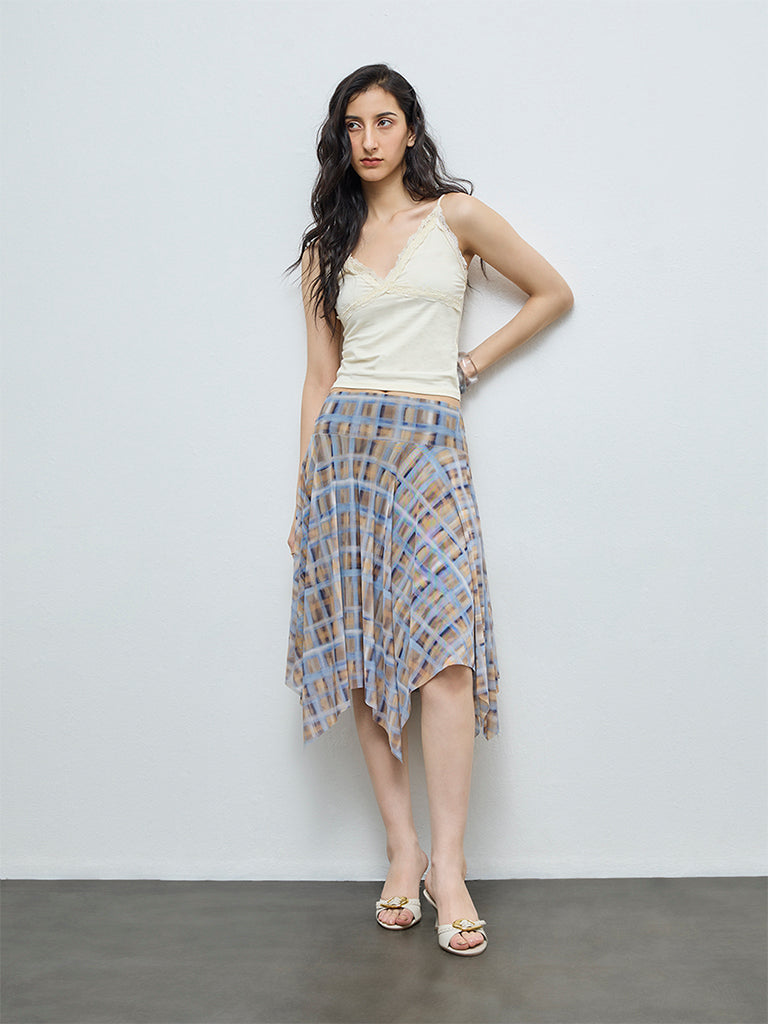 Nuon Blue Checkered Asymmetrical High-Rise Skirt
