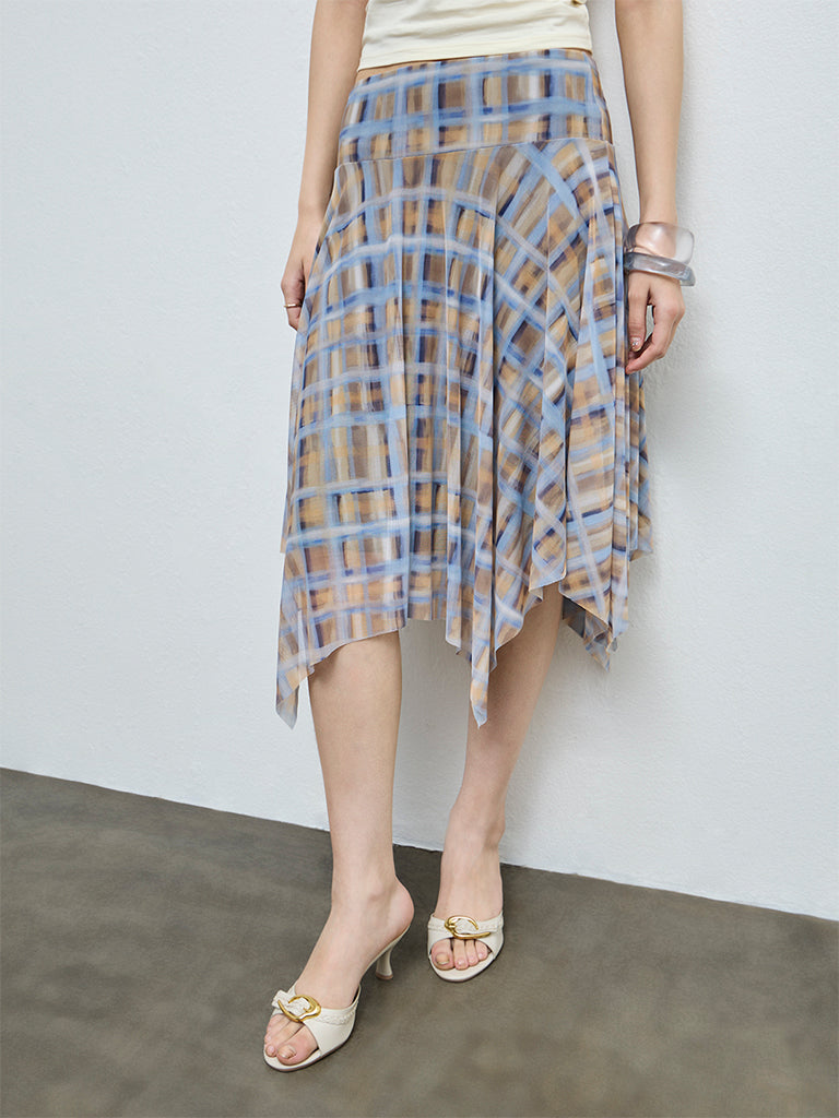 Nuon Blue Checkered Asymmetrical High-Rise Skirt