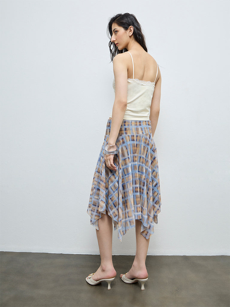 Nuon Blue Checkered Asymmetrical High-Rise Skirt
