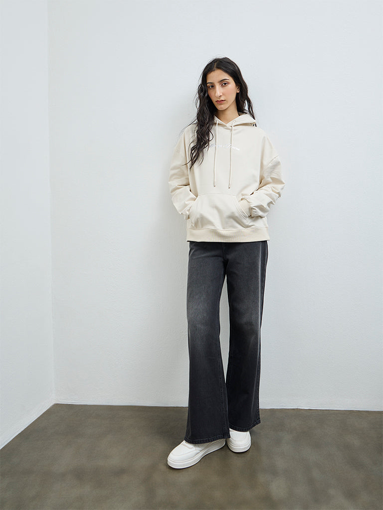 Nuon Light Beige Printed Cotton Hoodie