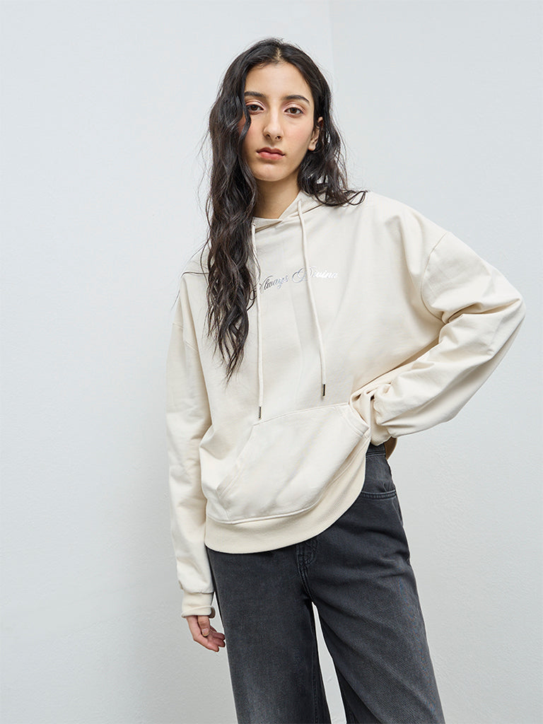 Nuon Light Beige Printed Cotton Hoodie