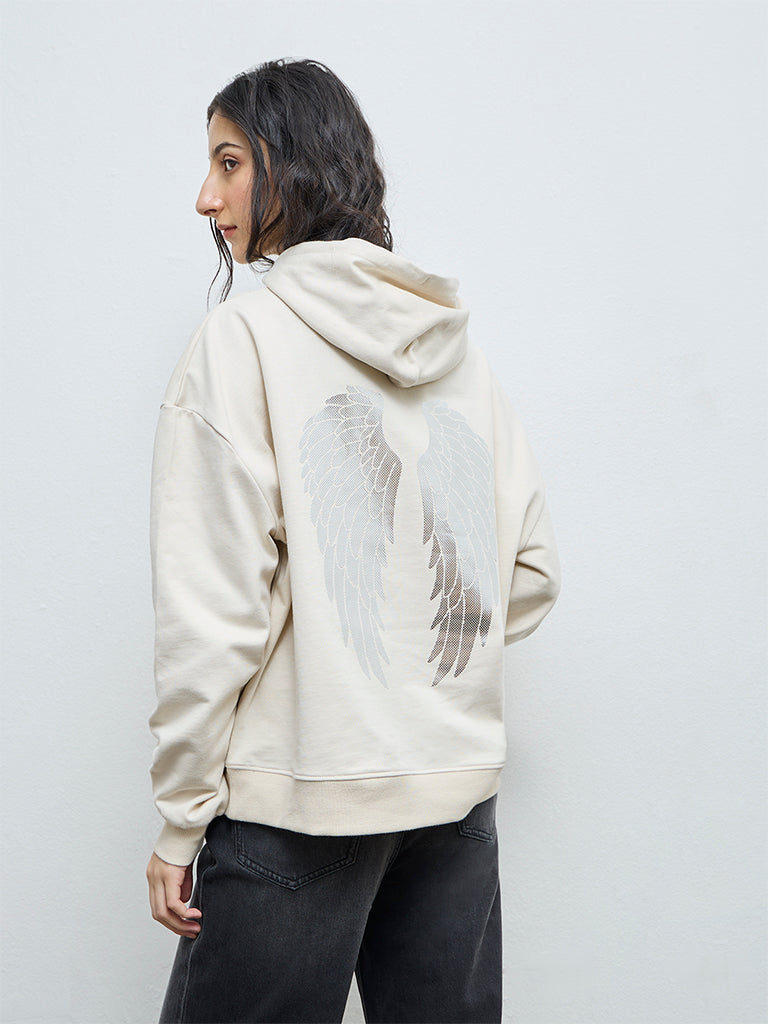 Nuon Light Beige Printed Cotton Hoodie