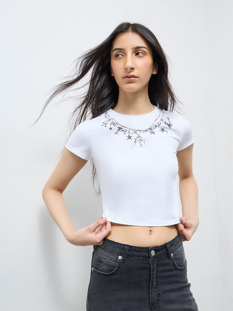 Nuon White Printed Cotton-Blend T-Shirt