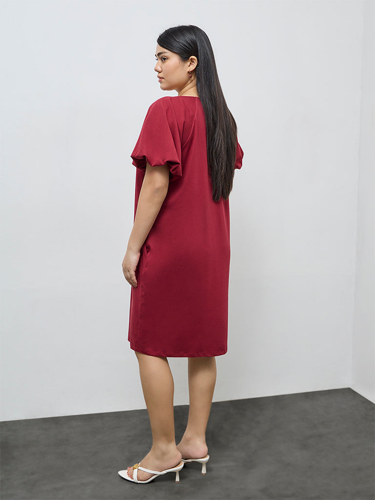 Buy Gia Red Solid Cotton Straight Dress from Westside