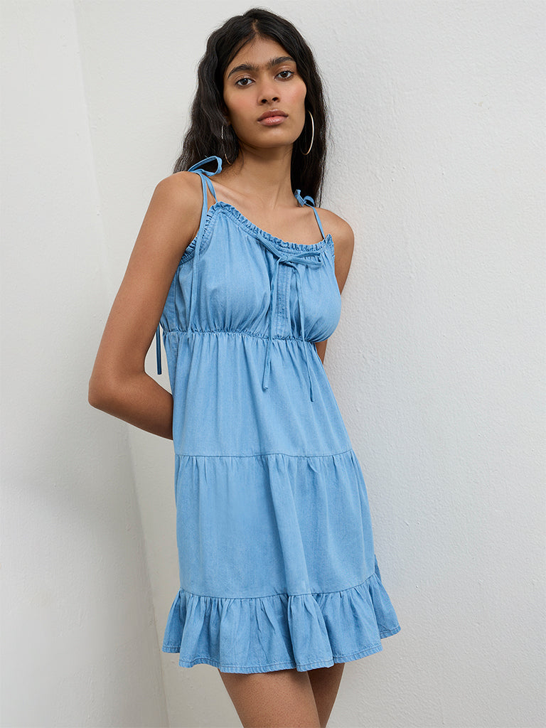 Nuon Blue Ruffle-Detailed Cotton-Blend A-Line Dress