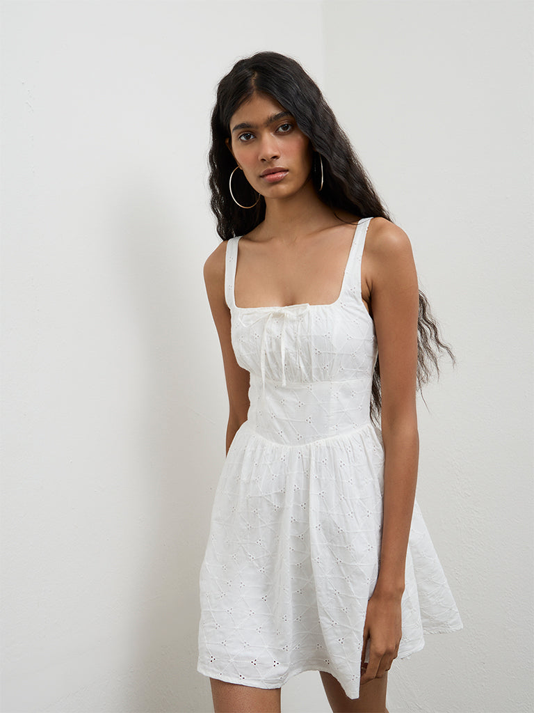 Nuon White Schiffli-Detailed Cotton A-Line Dress