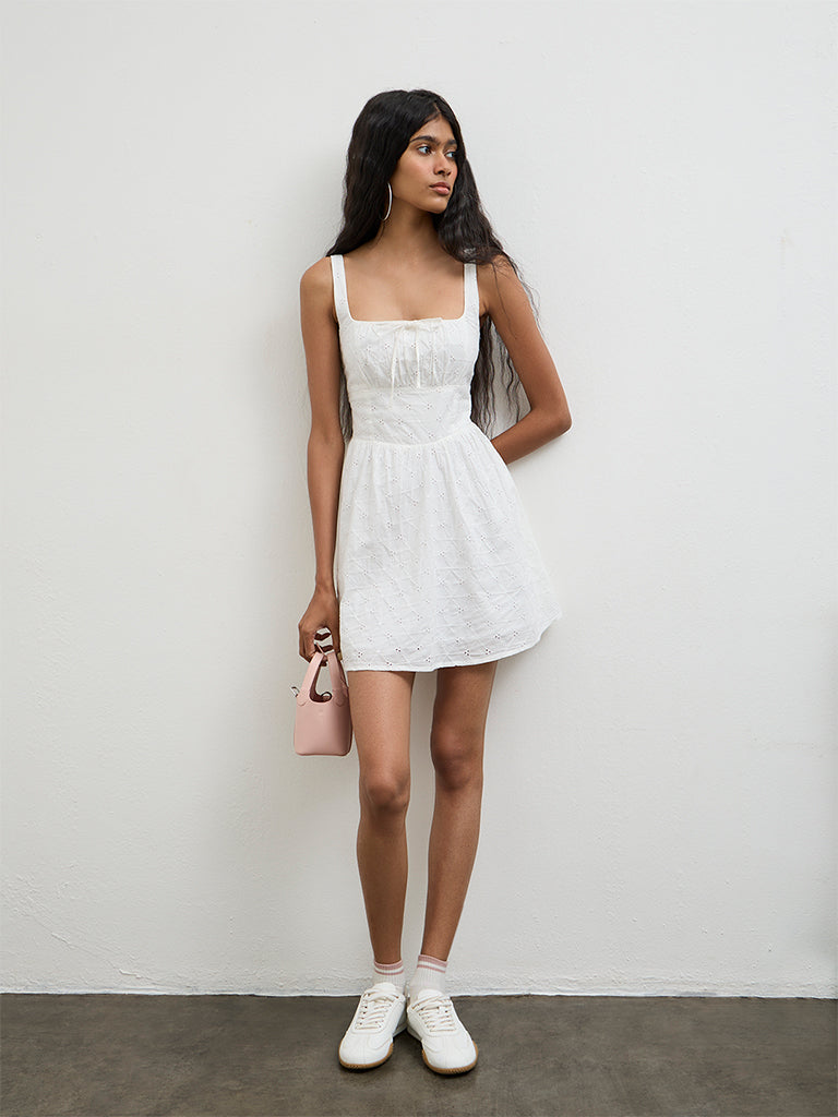 Nuon White Schiffli-Detailed Cotton A-Line Dress