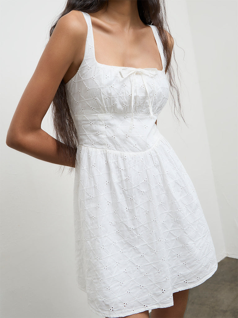 Nuon White Schiffli-Detailed Cotton A-Line Dress