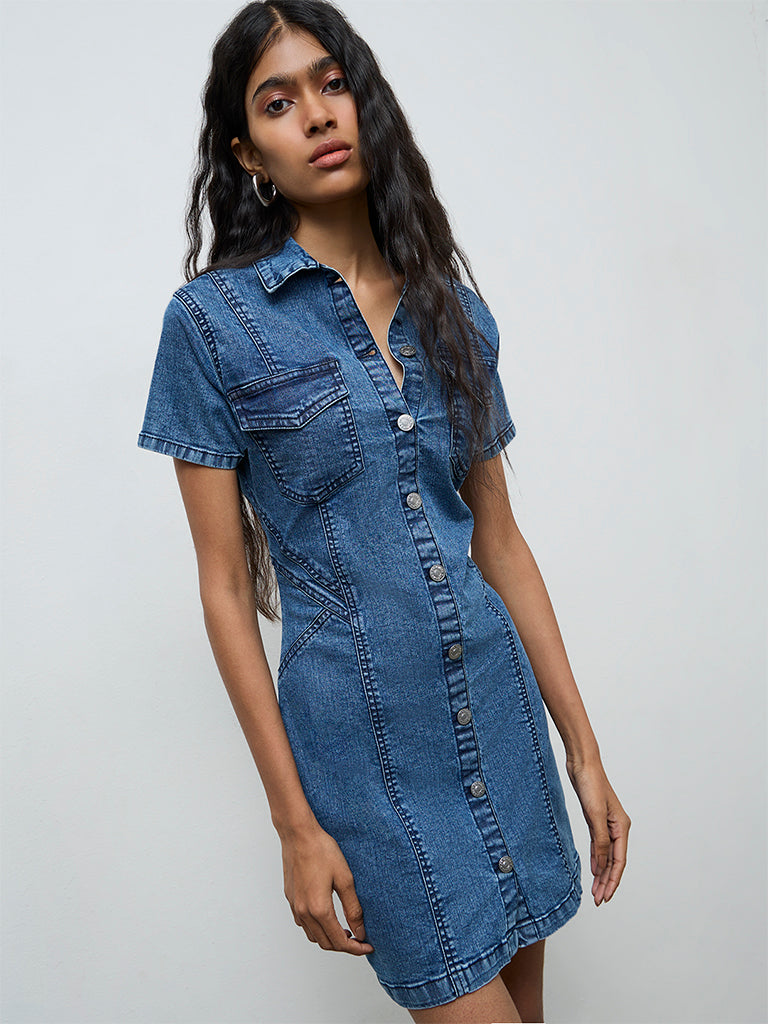 Nuon Blue Washed Denim Straight Dress