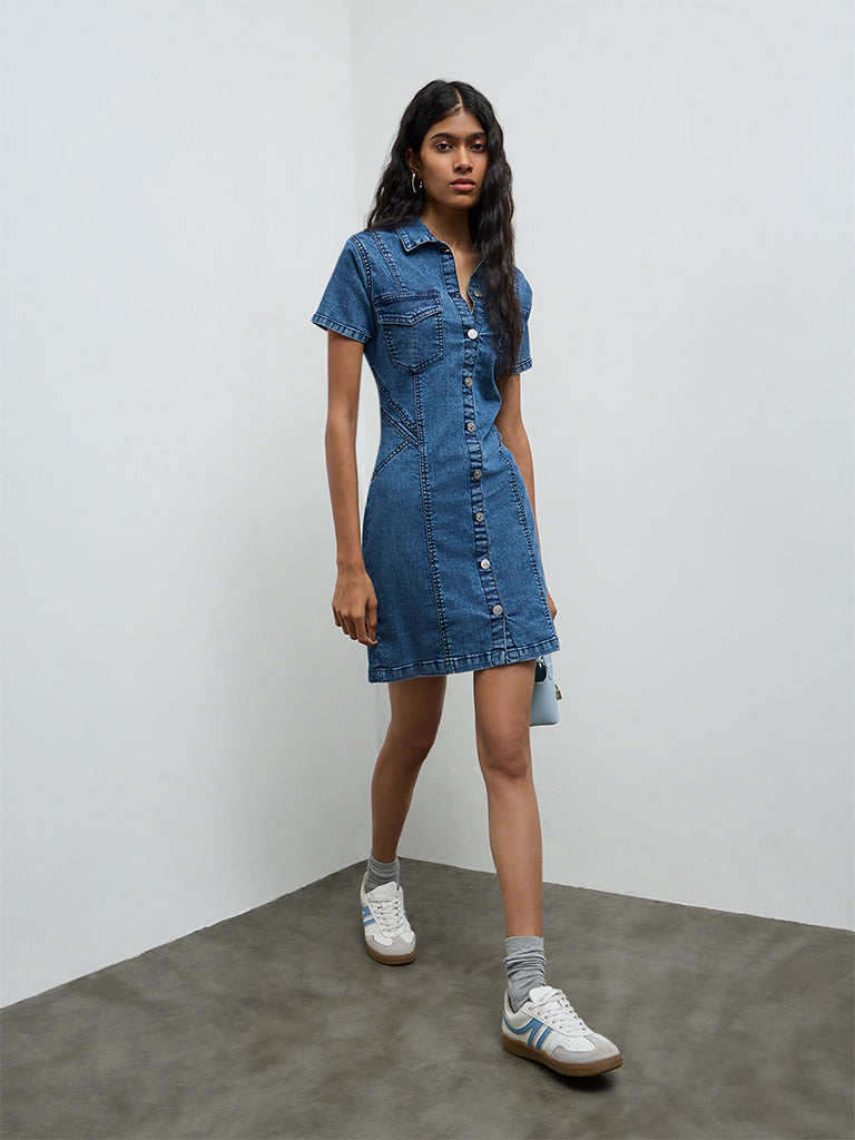 Nuon Blue Washed Denim Straight Dress