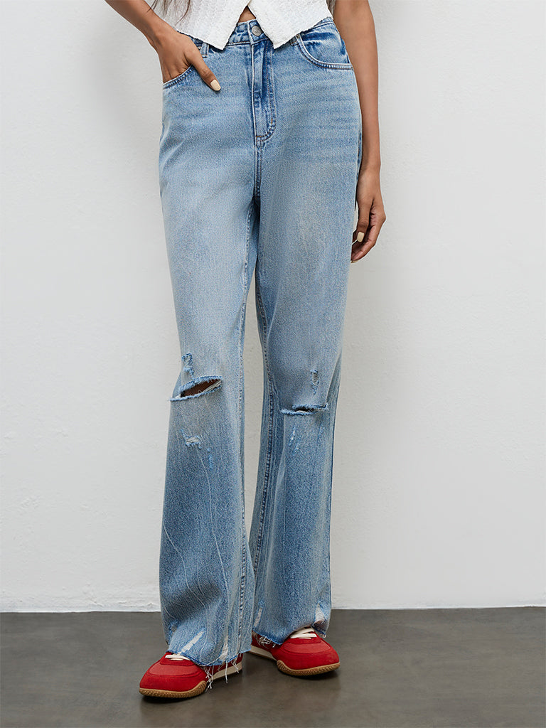 Nuon Blue Washed Distressed High-Rise Jeans