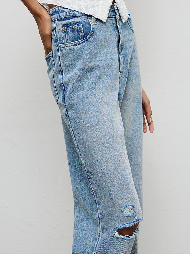 Nuon Blue Washed Distressed High-Rise Jeans