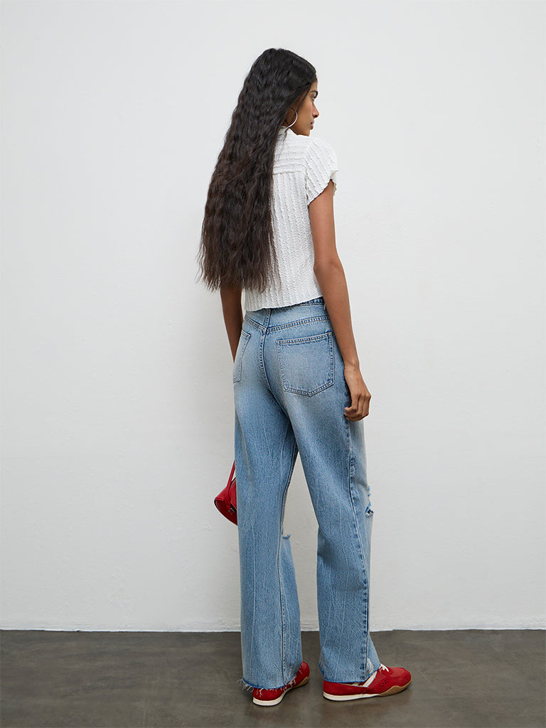 Nuon Blue Washed Distressed High-Rise Jeans