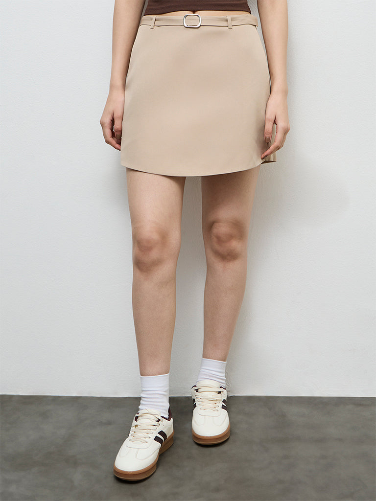 Nuon Beige Buckle-Detailed High-Rise Skort
