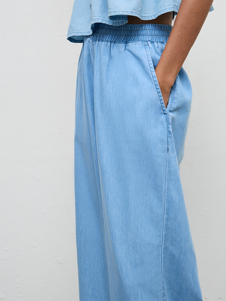 Nuon Blue Solid High-Rise Cotton-Blend Pants