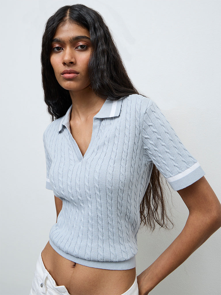 Nuon Light Blue Cable-Knit Cotton T-Shirt
