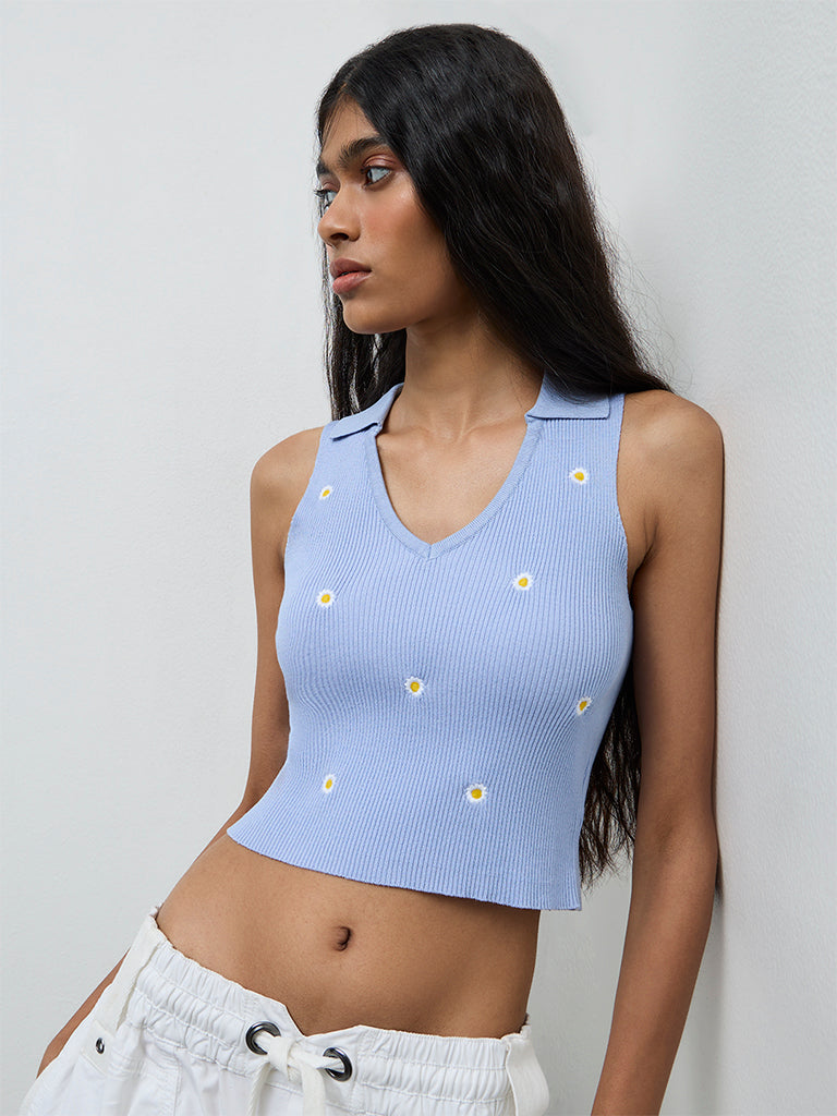Nuon Light Blue Floral Embroidered Top